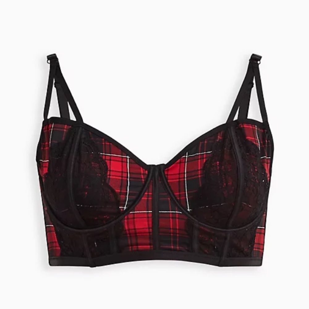 Torrid Unlined Longline Strappy Bralette - Plaid Red Size 3X NWT